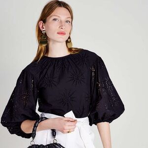Kate Spade Suns Eyelet Black Puff-Sleeve Top Sz S